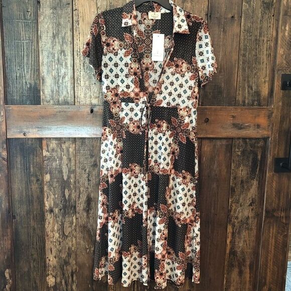 Ember Sz M NWT Black Red Sheer Floral Concert BOHO Front Tie Maxi Duster - Picture 2 of 9